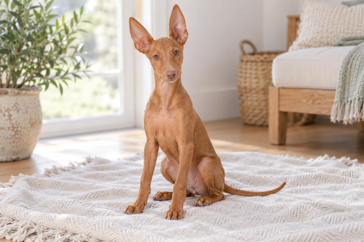 Tan Cirneco dell’Etna with large natural erect ears and long intact tail puppy resting in a comfortable indoor setting