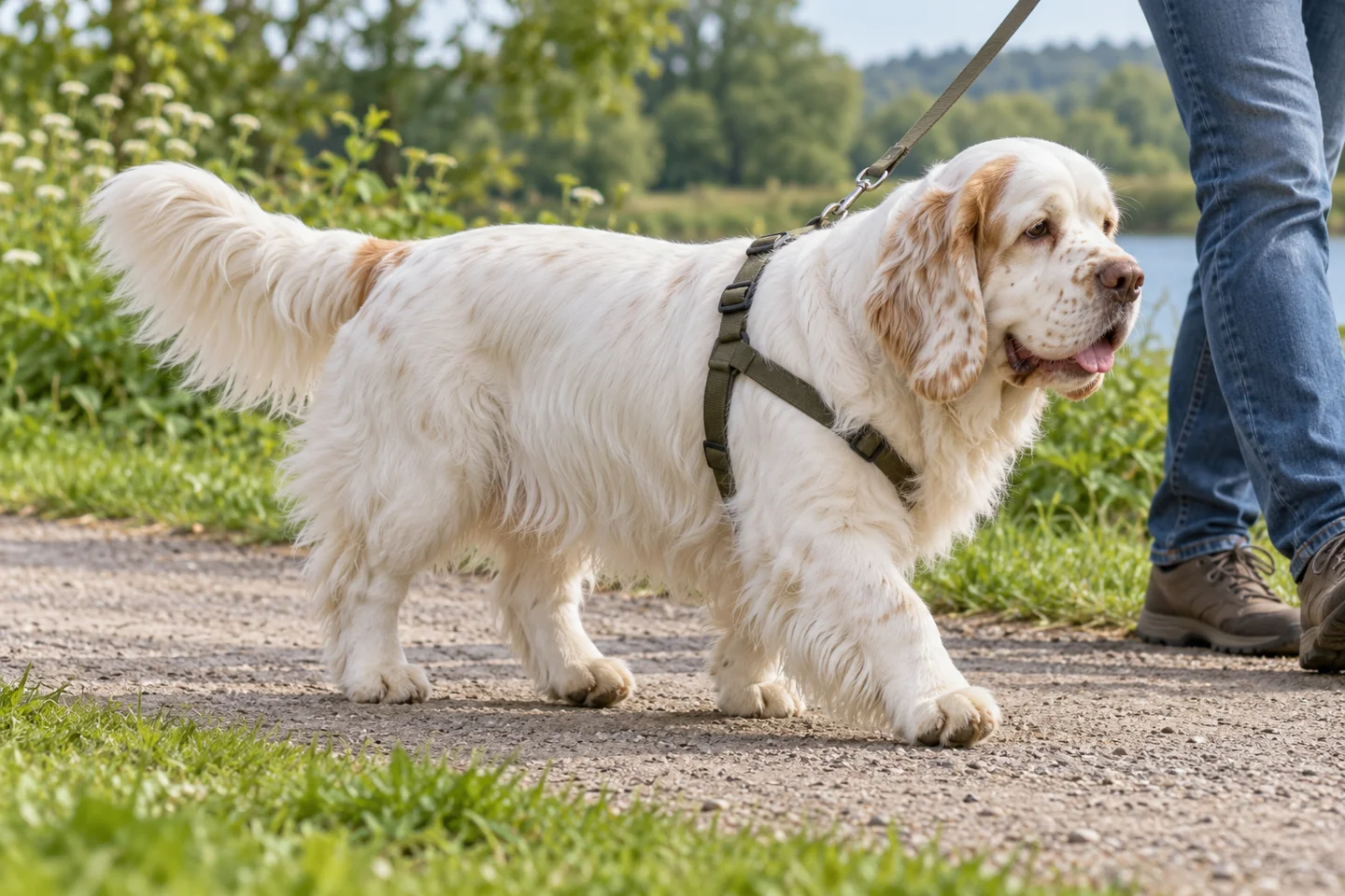 Predominantly white Clumber Spaniel with lemon head markings, natural drop ears, and intact feathered tail adult enjoying a controlled walk in a fitted harness
