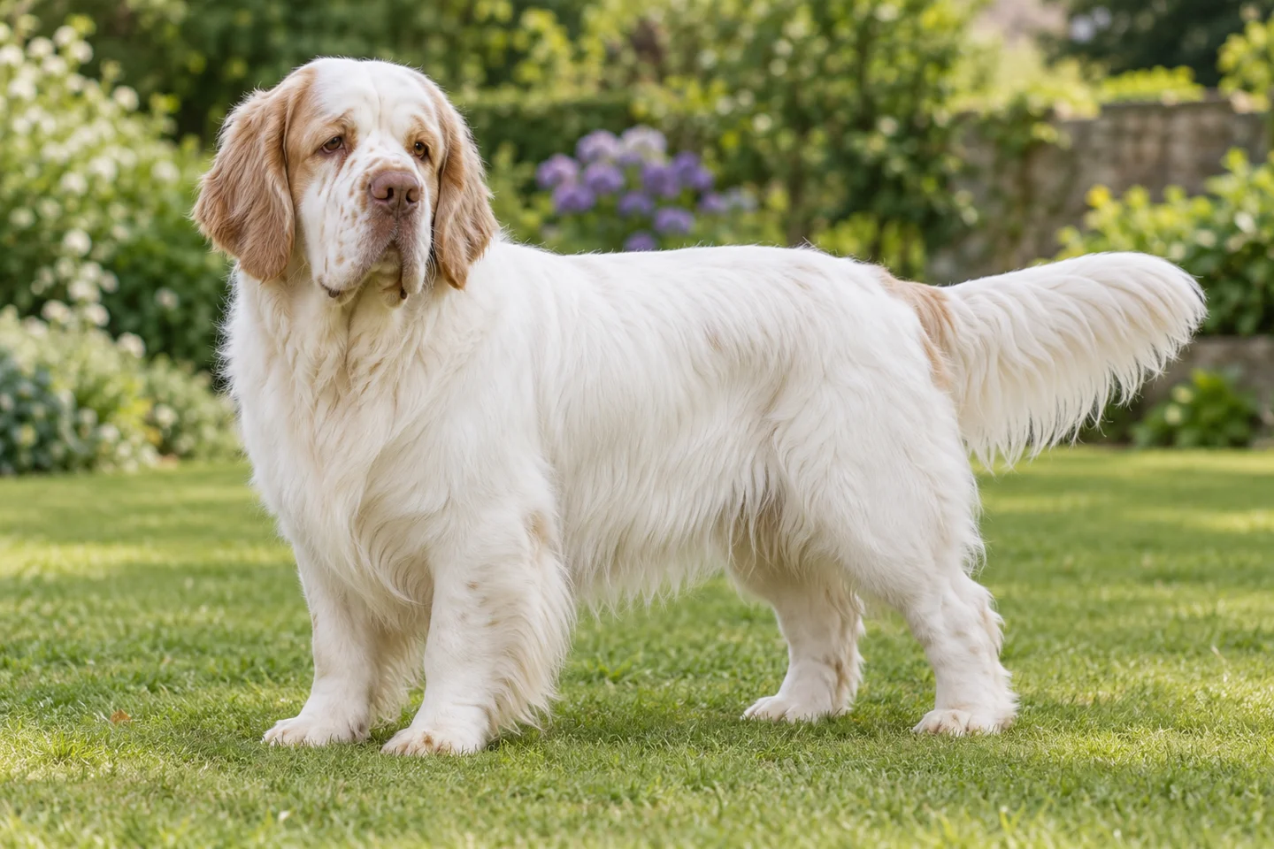 Predominantly white Clumber Spaniel with lemon head markings, natural drop ears, and intact feathered tail adult standing outdoors with its full body visible