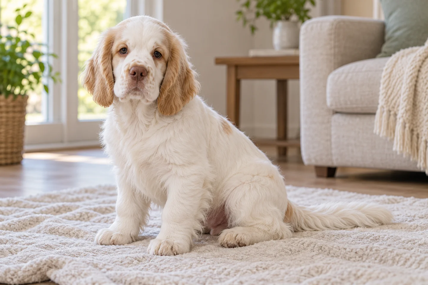Predominantly white Clumber Spaniel with lemon head markings, natural drop ears, and intact feathered tail puppy resting in a comfortable indoor setting