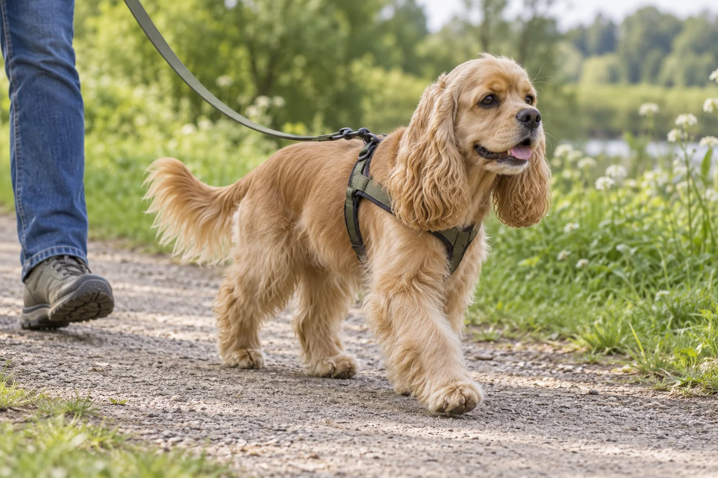 Buff American Cocker Spaniel with natural hanging feathered ears and long intact tail adult enjoying a controlled walk in a fitted harness