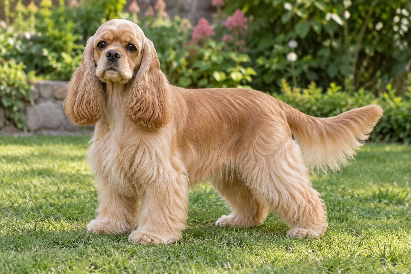 Buff American Cocker Spaniel with natural hanging feathered ears and long intact tail adult standing outdoors with its full body visible