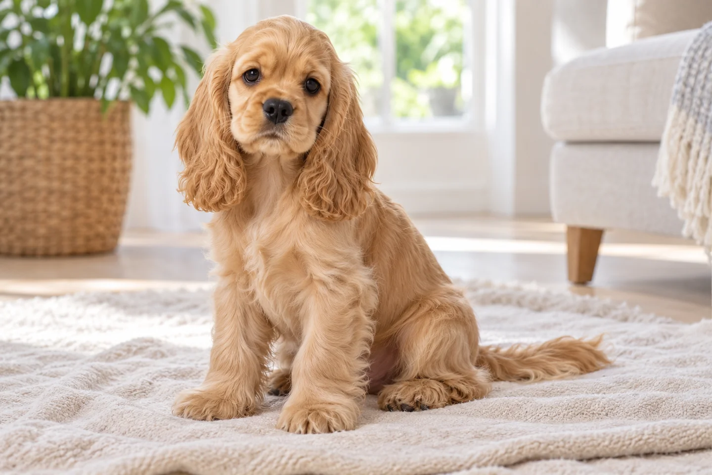 Buff American Cocker Spaniel with natural hanging feathered ears and long intact tail puppy resting in a comfortable indoor setting