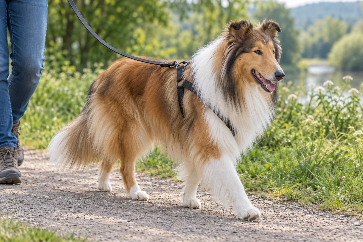 Sable-and-white Rough Collie with naturally tipped ears and long intact feathered tail adult enjoying a controlled walk in a fitted harness