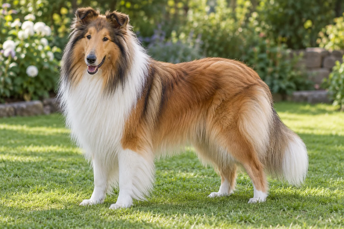 Sable-and-white Rough Collie with naturally tipped ears and long intact feathered tail adult standing outdoors with its full body visible
