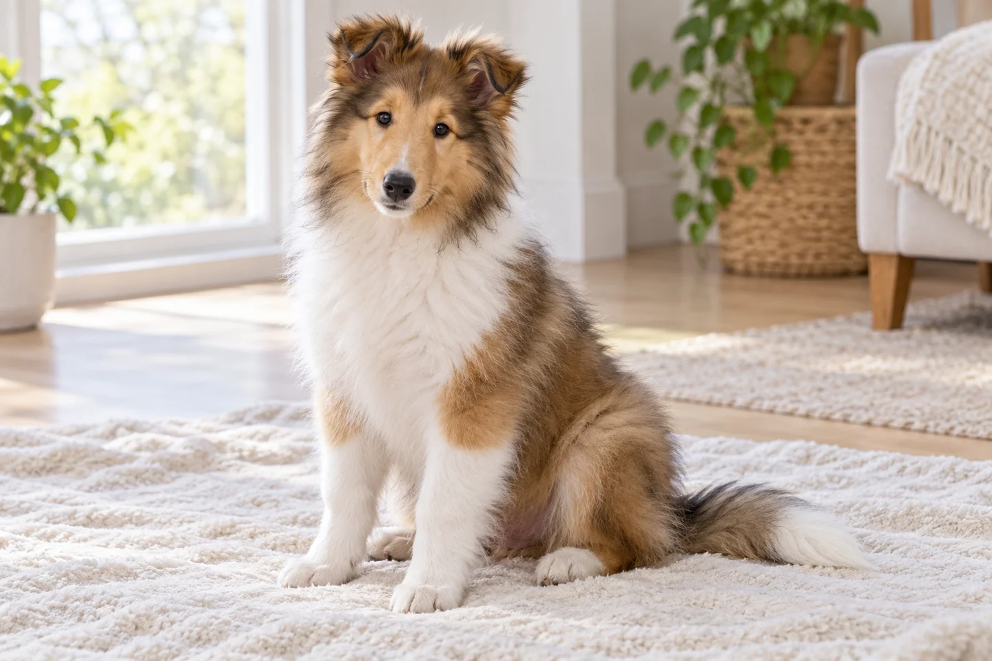 Sable-and-white Rough Collie with naturally tipped ears and long intact feathered tail puppy resting in a comfortable indoor setting