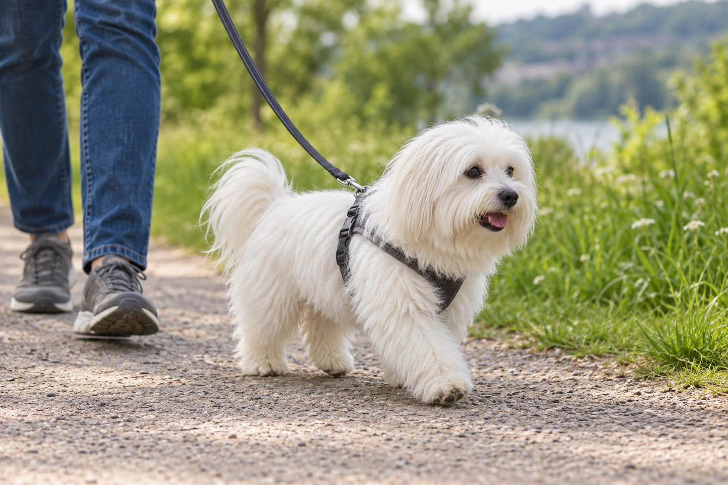 White Coton de Tulear with cotton-textured coat, natural hanging ears, and intact tail adult enjoying a controlled walk in a fitted harness