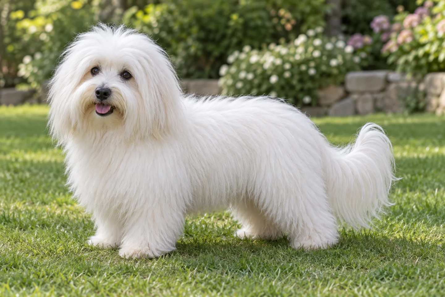 White Coton de Tulear with cotton-textured coat, natural hanging ears, and intact tail adult standing outdoors with its full body visible