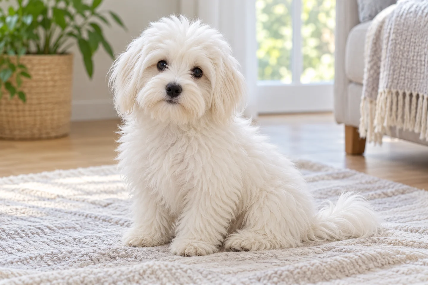 White Coton de Tulear with cotton-textured coat, natural hanging ears, and intact tail puppy resting in a comfortable indoor setting