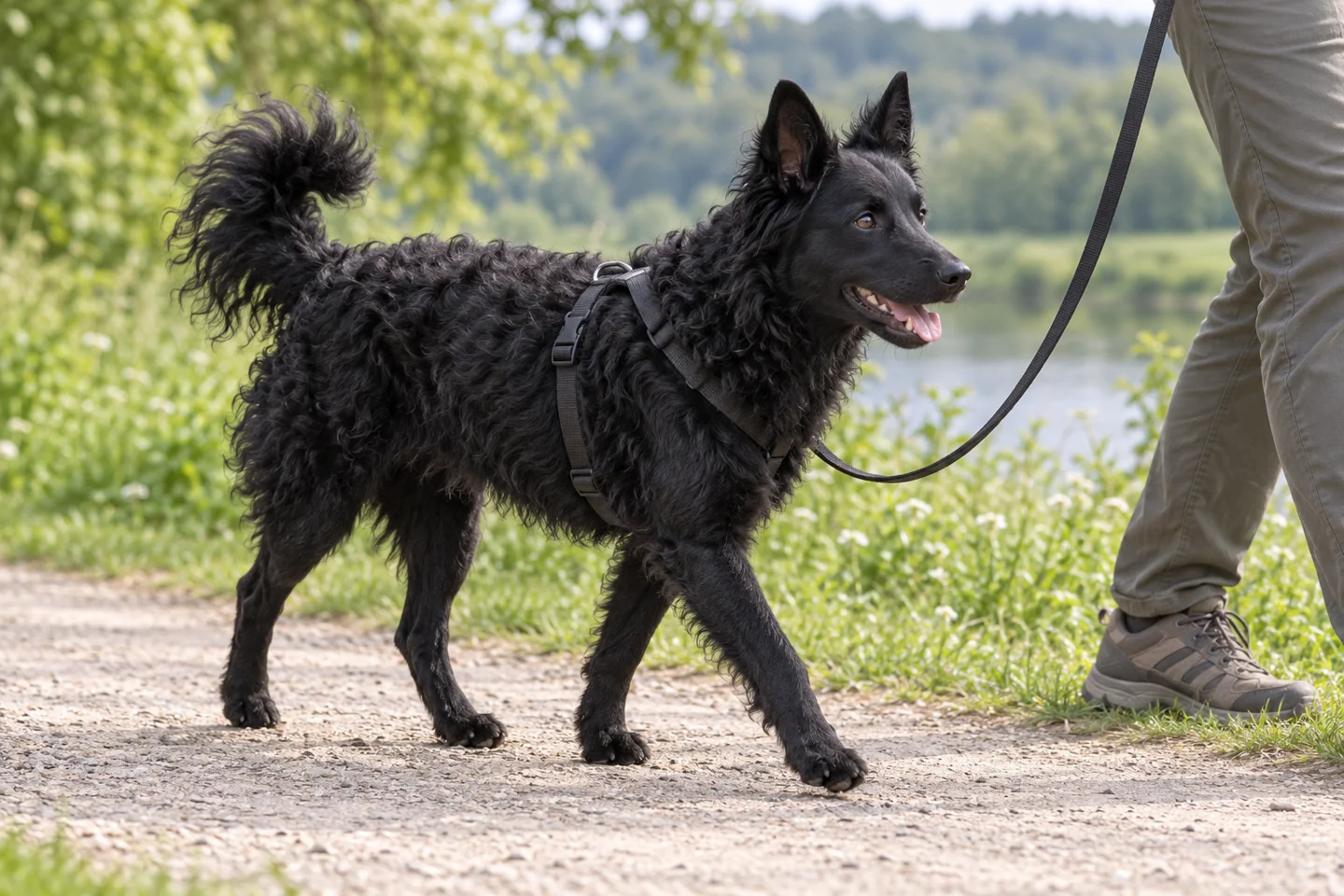 Black Croatian Sheepdog with wavy coat, naturally upright ears, and long intact tail adult enjoying a controlled walk in a fitted harness