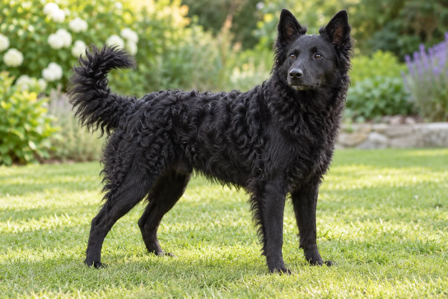 Black Croatian Sheepdog with wavy coat, naturally upright ears, and long intact tail adult standing outdoors with its full body visible