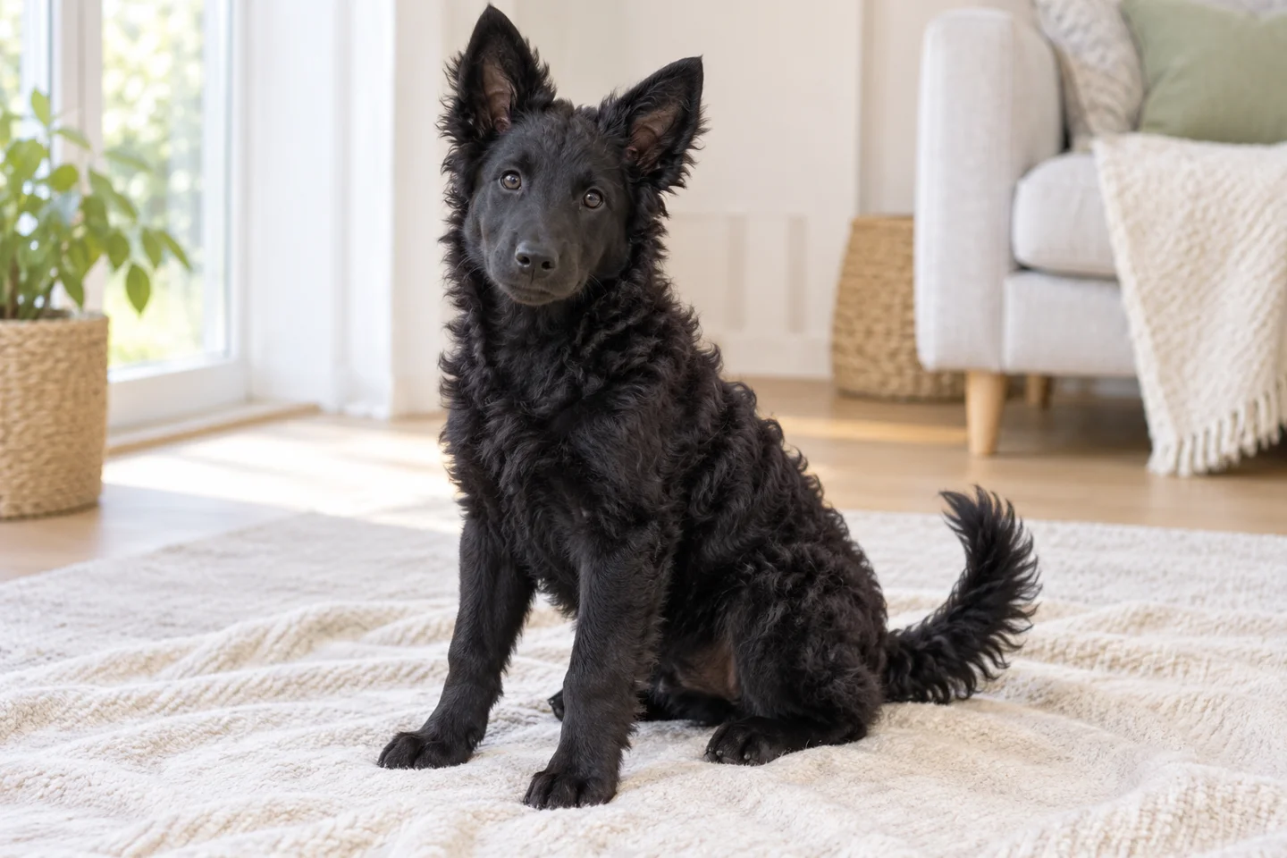Black Croatian Sheepdog with wavy coat, naturally upright ears, and long intact tail puppy resting in a comfortable indoor setting