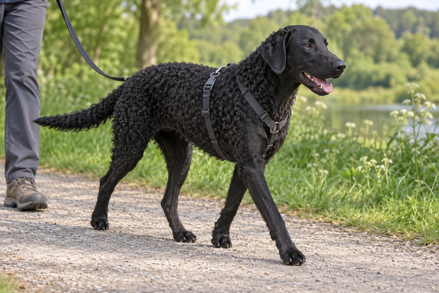Black Curly-Coated Retriever with tight body curls, smooth face, natural drop ears, and intact tail adult enjoying a controlled walk in a fitted harness