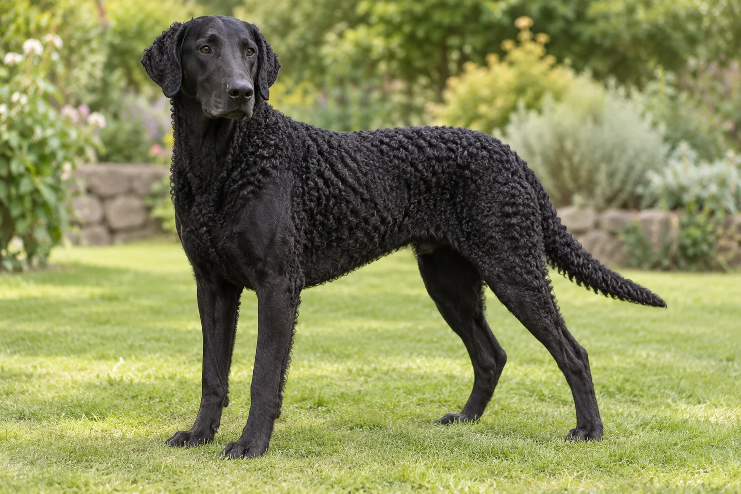 Black Curly-Coated Retriever with tight body curls, smooth face, natural drop ears, and intact tail adult standing outdoors with its full body visible