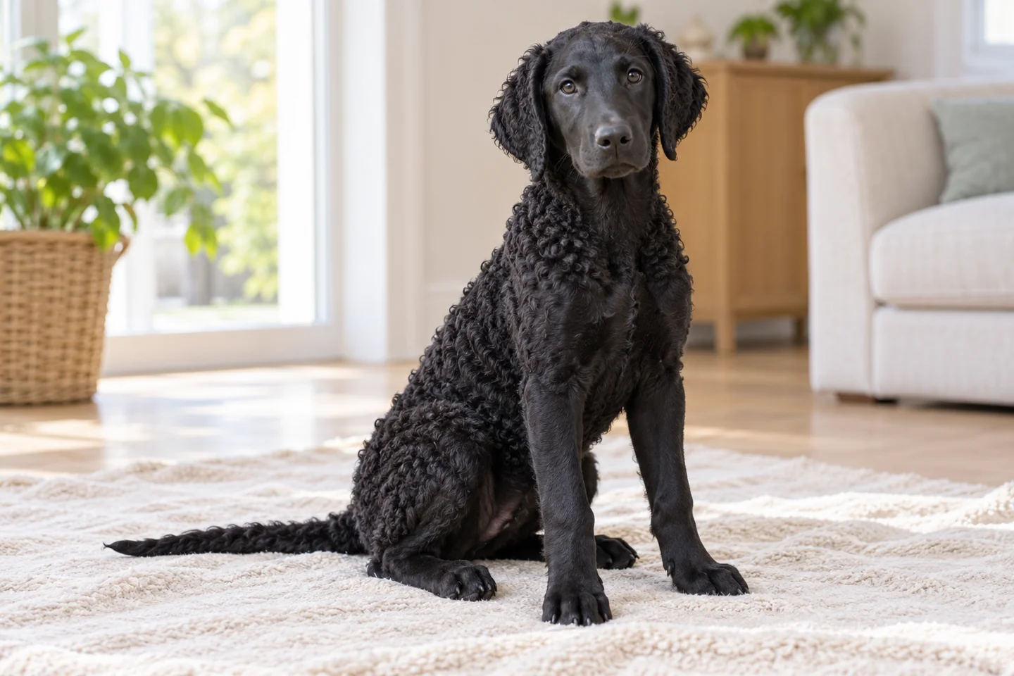 Black Curly-Coated Retriever with tight body curls, smooth face, natural drop ears, and intact tail puppy resting in a comfortable indoor setting