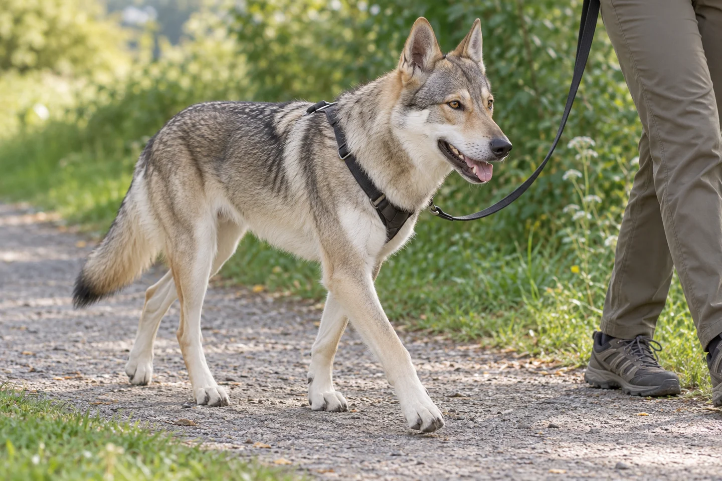 Yellow-gray Czechoslovakian Vlcak with pale mask, natural erect ears, and intact tail adult enjoying a controlled walk in a fitted harness