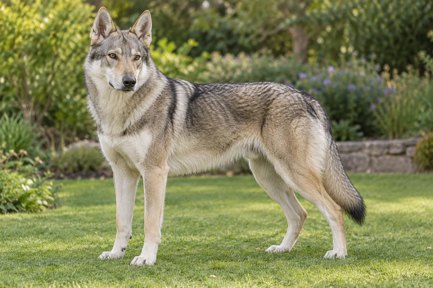 Yellow-gray Czechoslovakian Vlcak with pale mask, natural erect ears, and intact tail adult standing outdoors with its full body visible