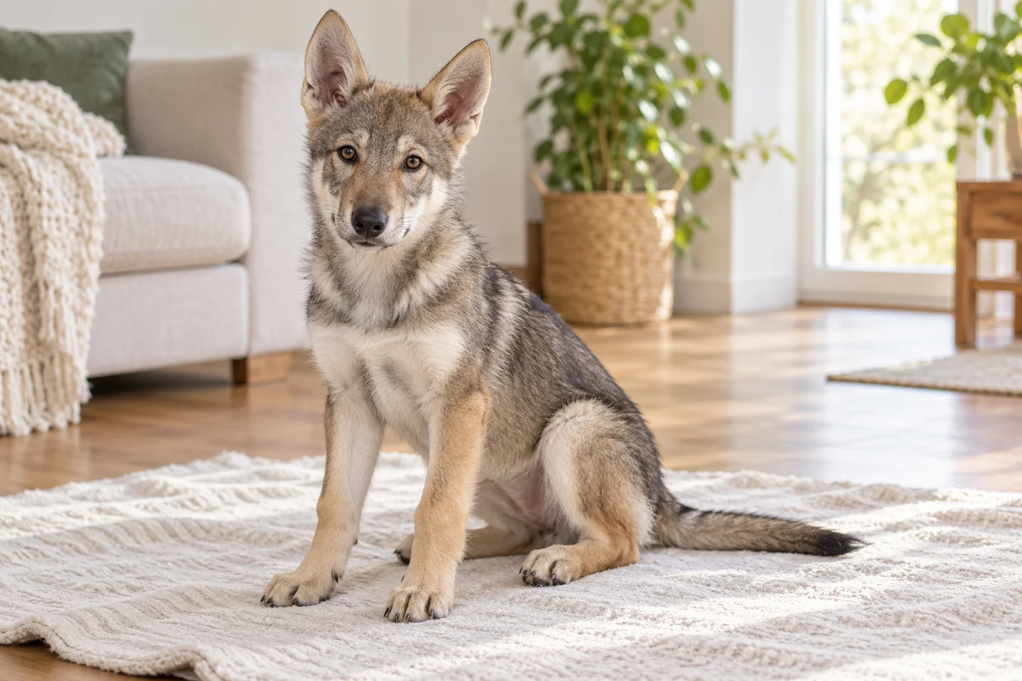 Yellow-gray Czechoslovakian Vlcak with pale mask, natural erect ears, and intact tail puppy resting in a comfortable indoor setting