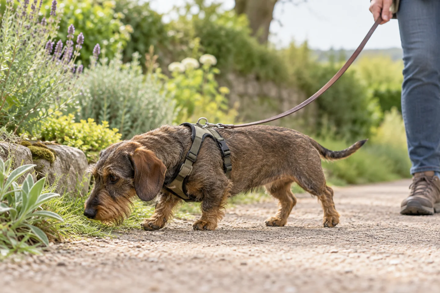 Adult wirehaired Dachshund sniffing beside a level path while wearing a harness and leash