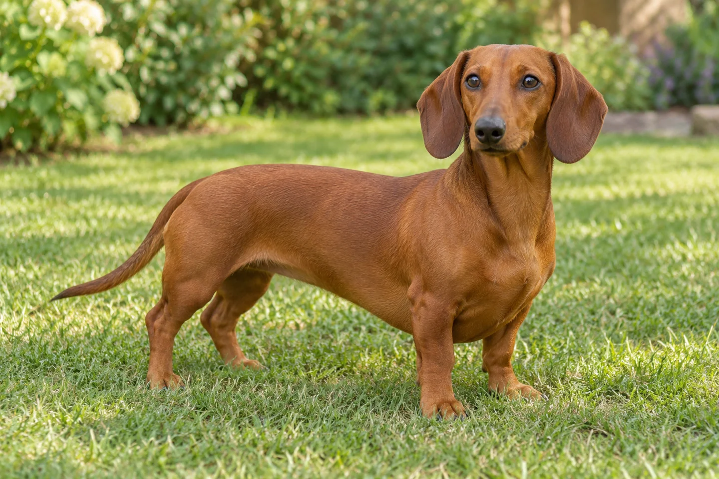Adult smooth-coated red Dachshund standing naturally on a garden lawn