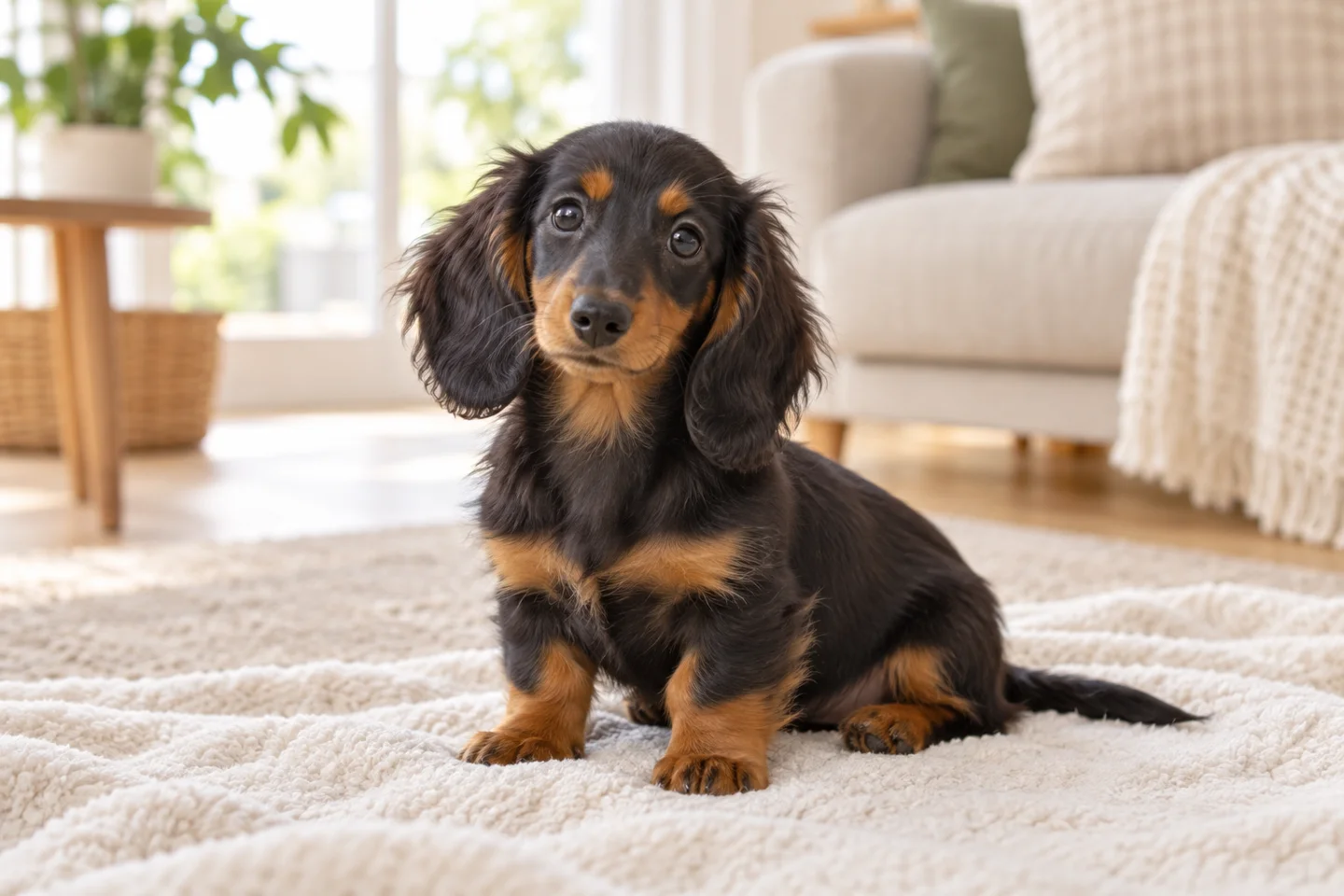 Black and tan longhaired Dachshund puppy sitting on a soft blanket indoors