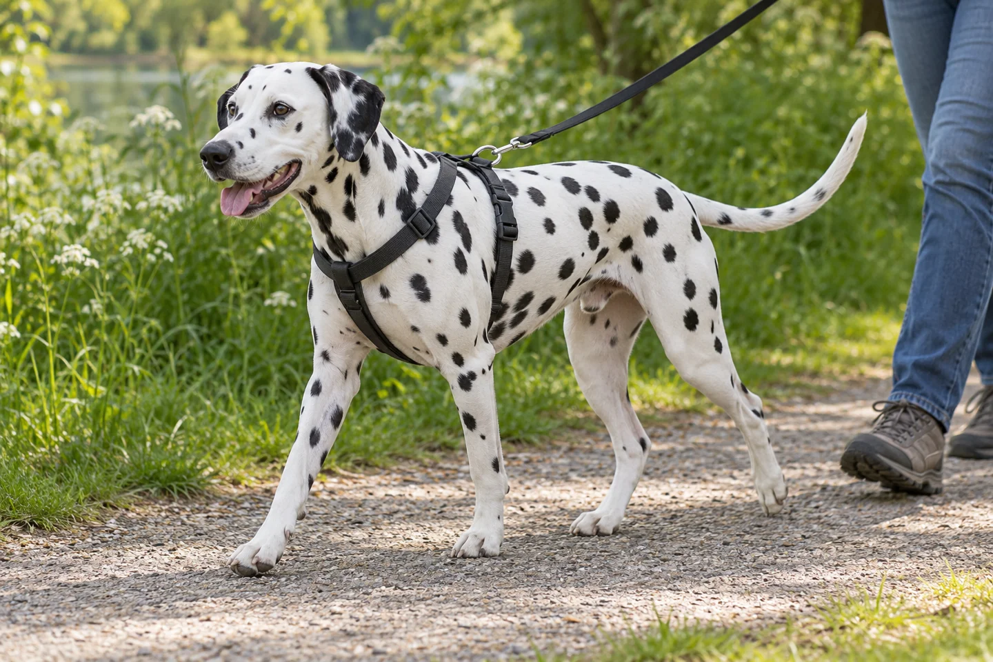 Black-spotted Dalmatian with natural hanging ears and long intact spotted tail adult enjoying a controlled walk in a fitted harness