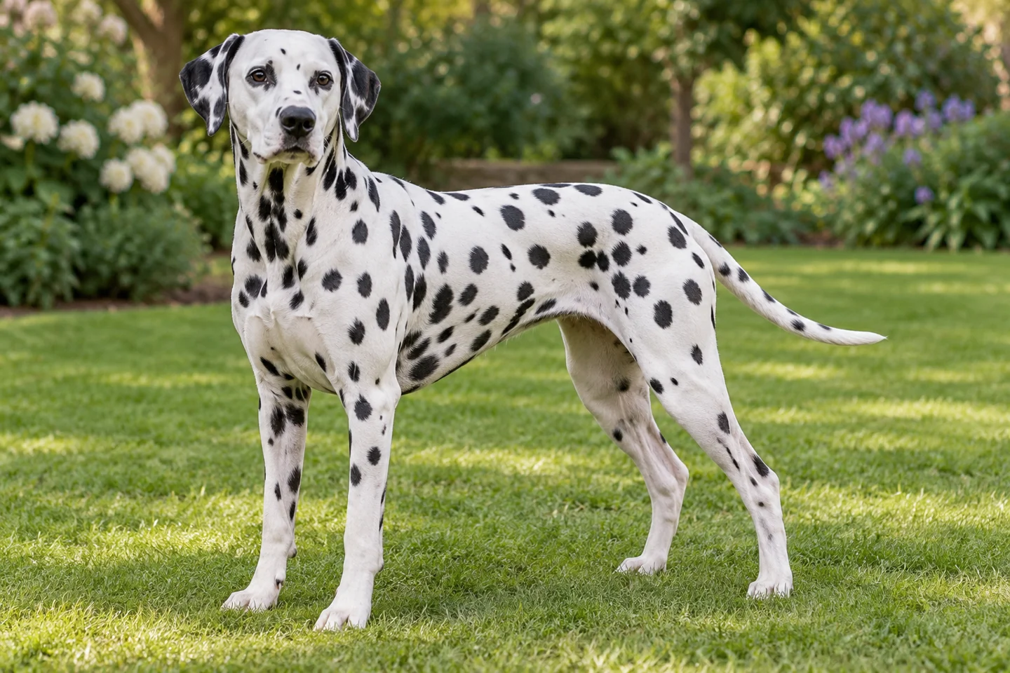 Black-spotted Dalmatian with natural hanging ears and long intact spotted tail adult standing outdoors with its full body visible