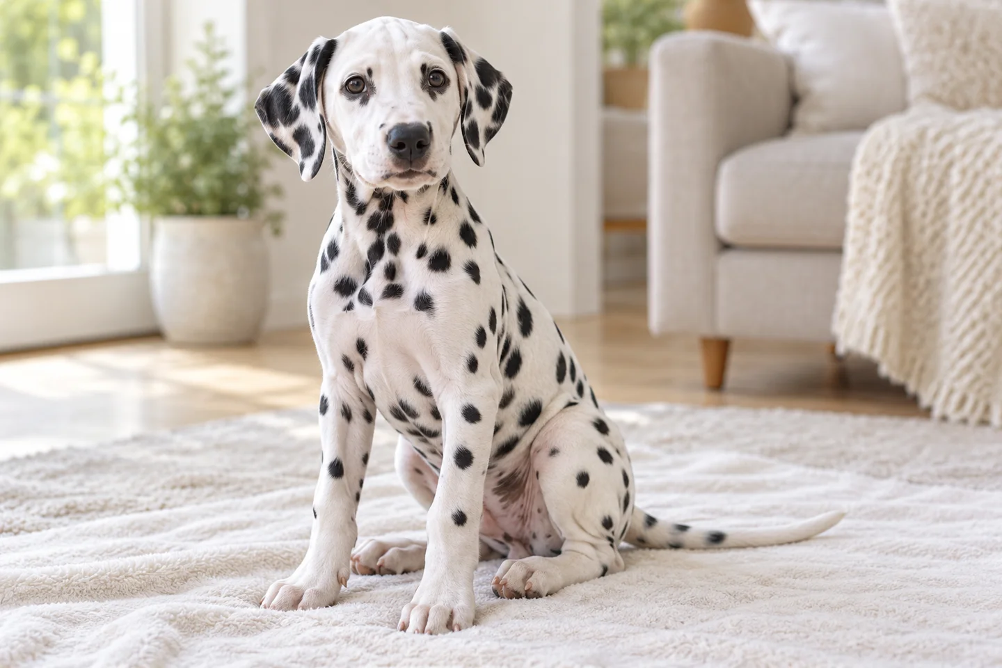 Black-spotted Dalmatian with natural hanging ears and long intact spotted tail puppy resting in a comfortable indoor setting