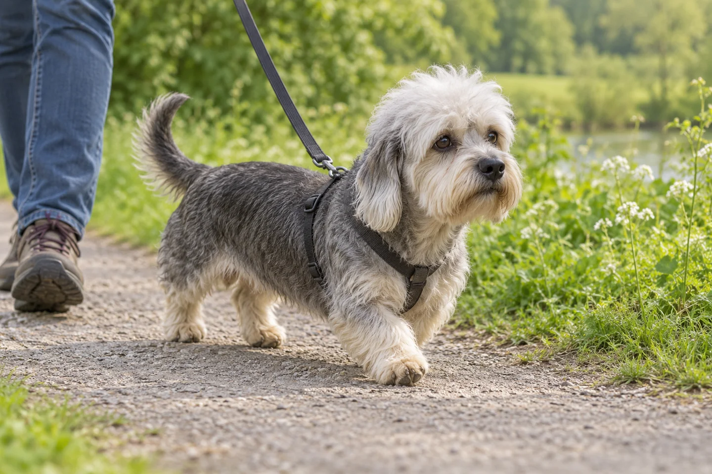 Pepper Dandie Dinmont Terrier with pale silky topknot, natural hanging ears, and intact curved tail adult enjoying a controlled walk in a fitted harness