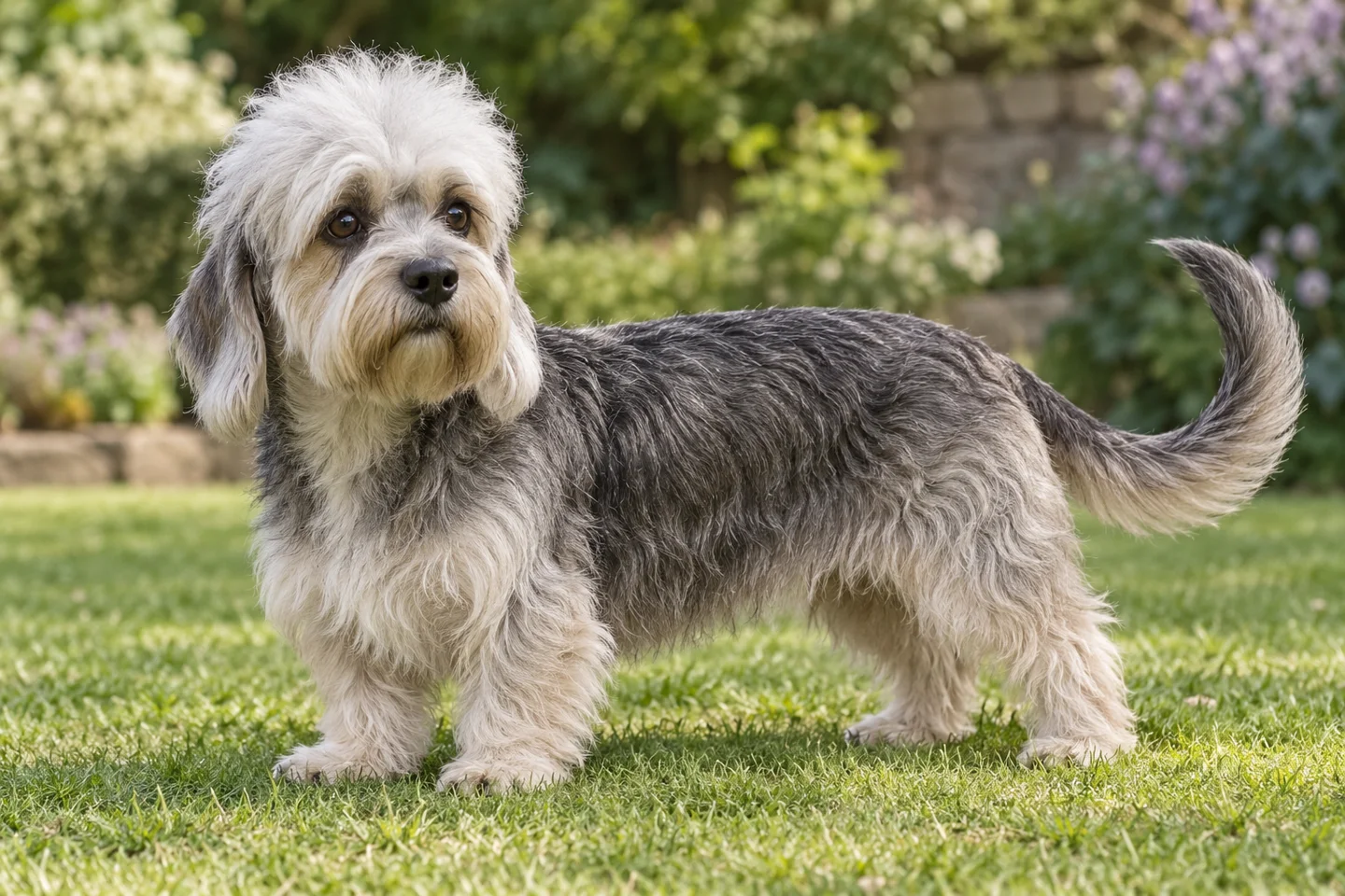Pepper Dandie Dinmont Terrier with pale silky topknot, natural hanging ears, and intact curved tail adult standing outdoors with its full body visible