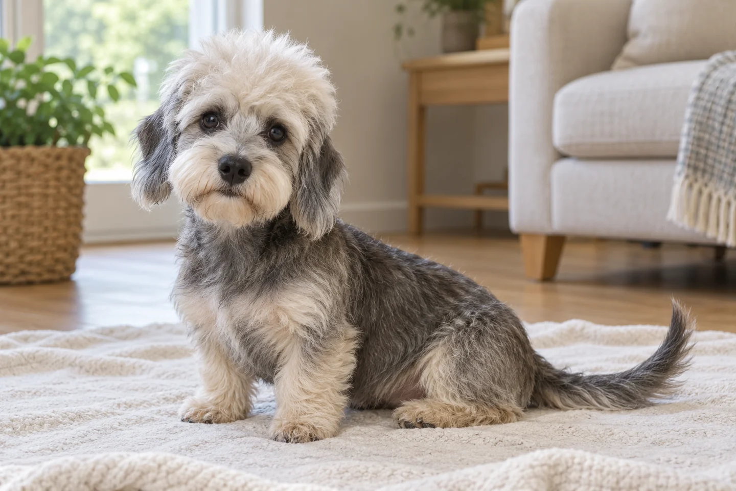 Pepper Dandie Dinmont Terrier with pale silky topknot, natural hanging ears, and intact curved tail puppy resting in a comfortable indoor setting