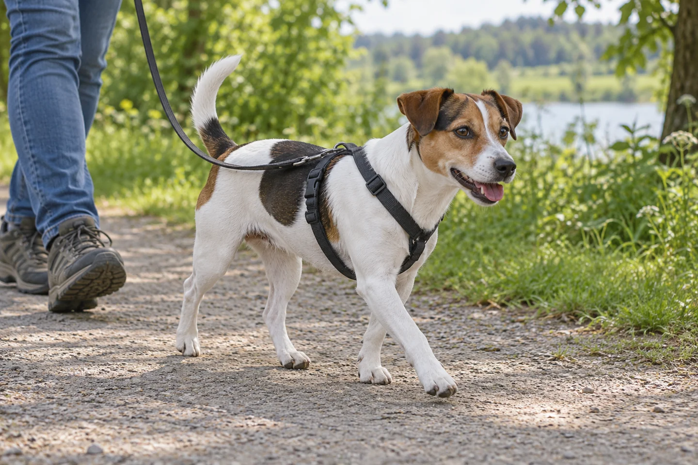 Predominantly white tricolor Danish-Swedish Farmdog with natural folded ears and intact long tail adult enjoying a controlled walk in a fitted harness