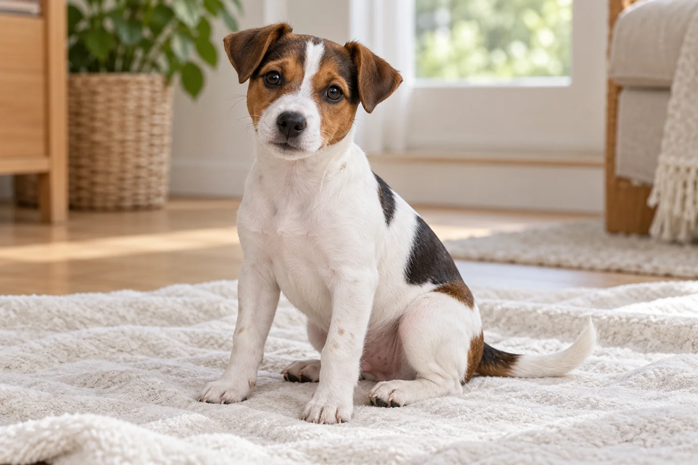 Predominantly white tricolor Danish-Swedish Farmdog with natural folded ears and intact long tail puppy resting in a comfortable indoor setting