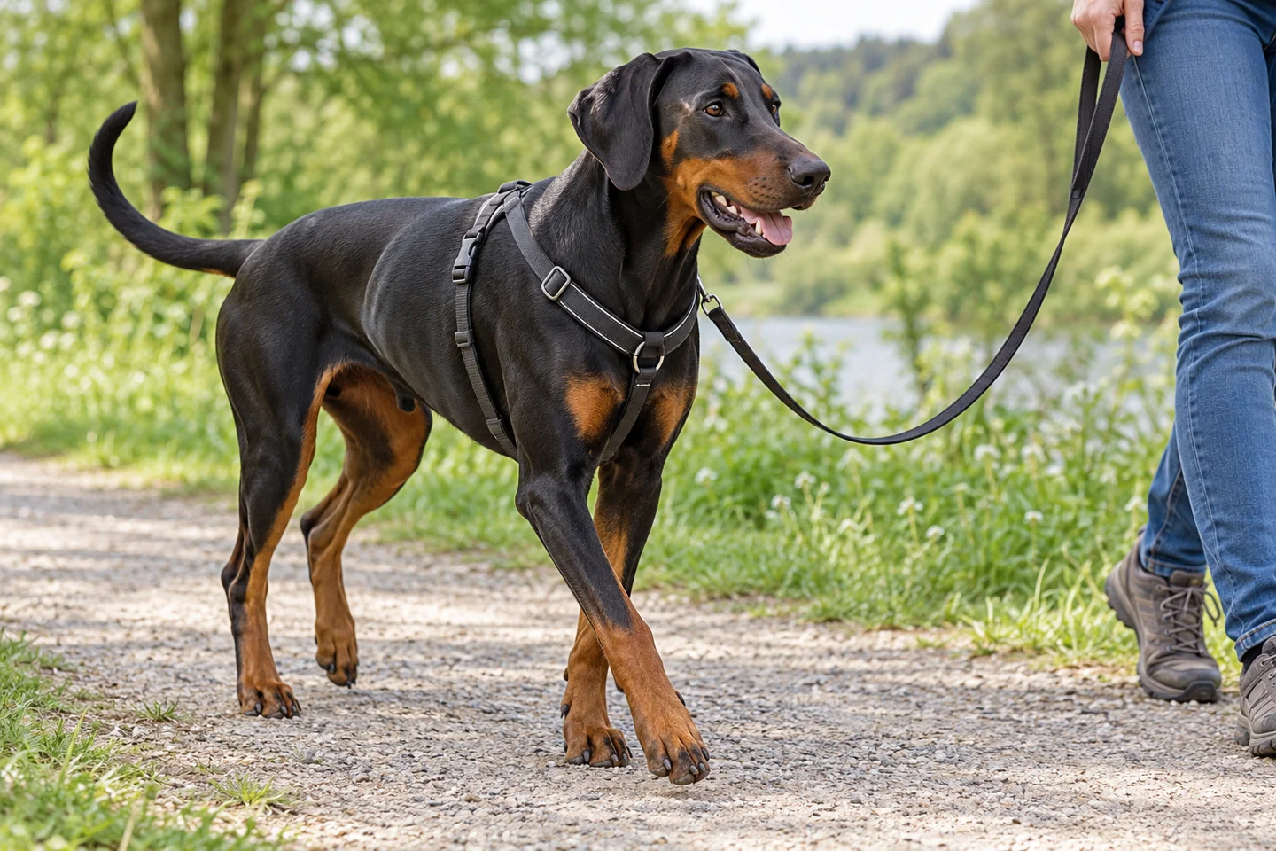 Black-and-rust Doberman Pinscher with intact natural folded ears and a long undocked tail adult enjoying a controlled walk in a fitted harness