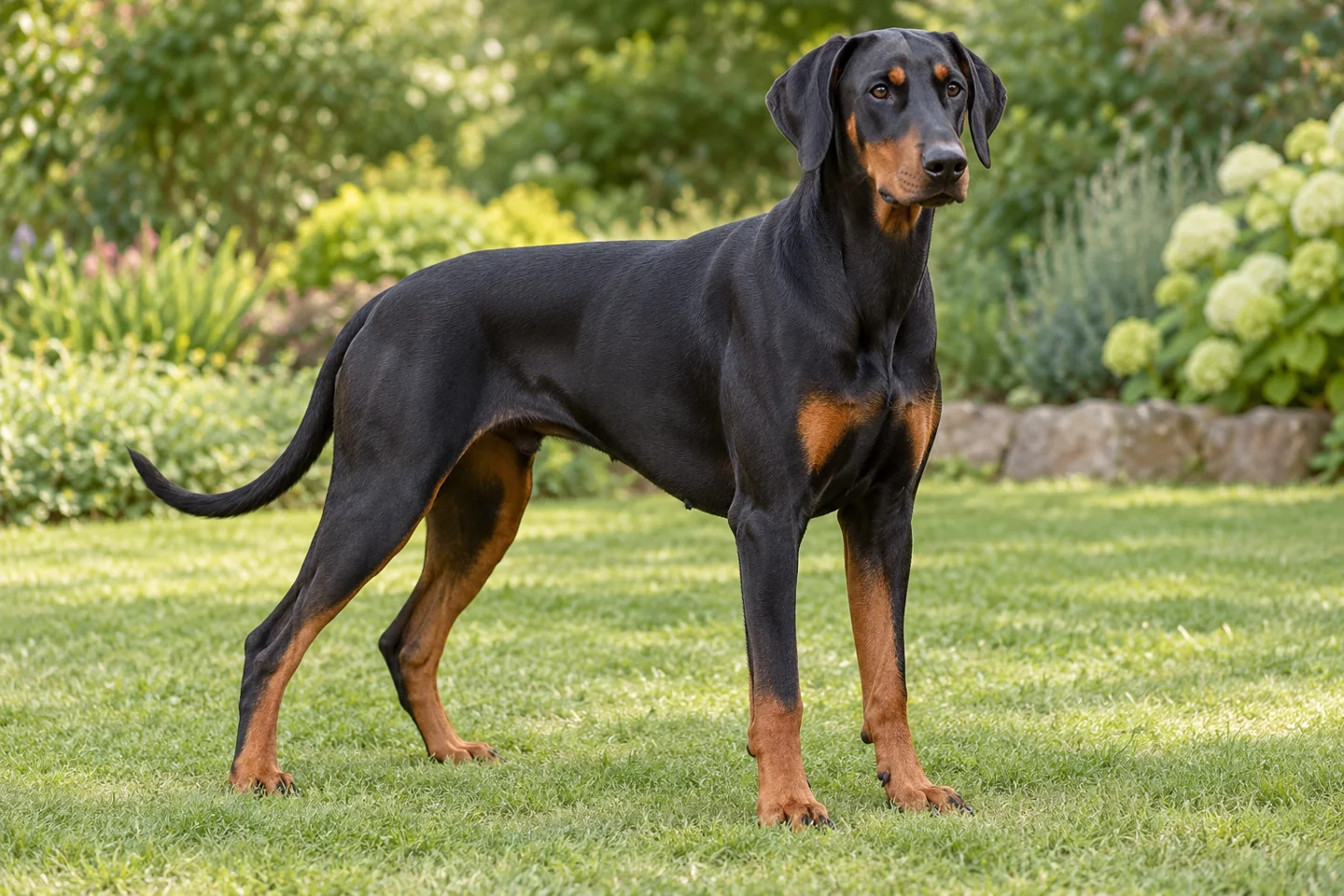 Black-and-rust Doberman Pinscher with intact natural folded ears and a long undocked tail adult standing outdoors with its full body visible