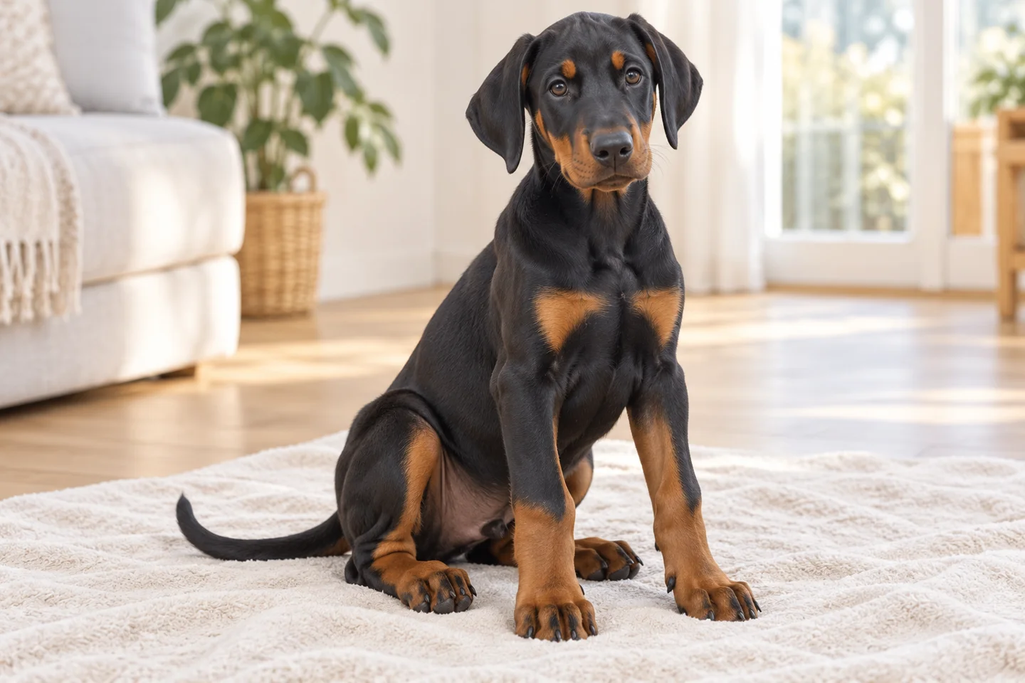 Black-and-rust Doberman Pinscher with intact natural folded ears and a long undocked tail puppy resting in a comfortable indoor setting