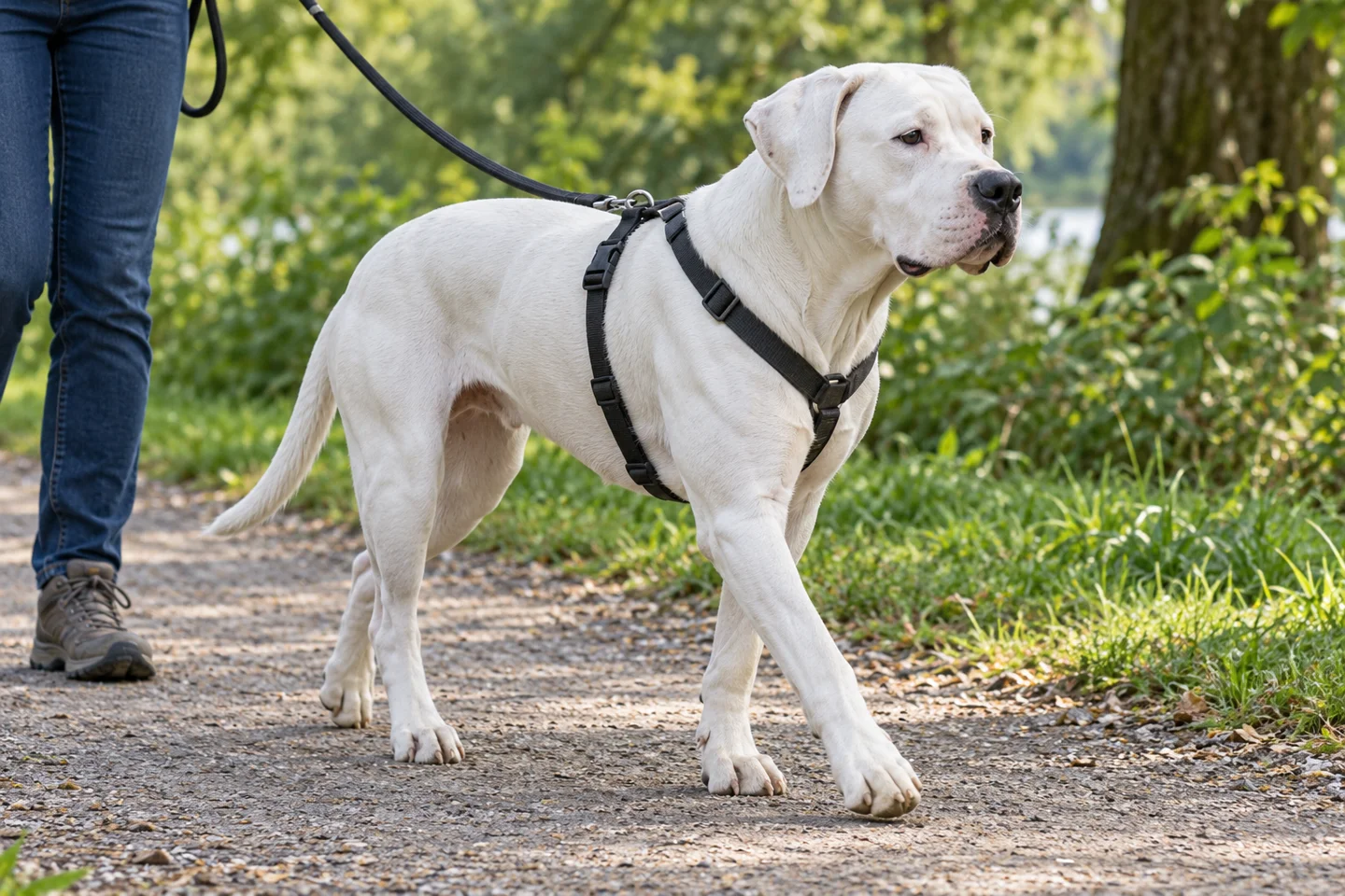 White Dogo Argentino with natural drop ears and a long intact tail adult walking in a fitted harness on a loose lead