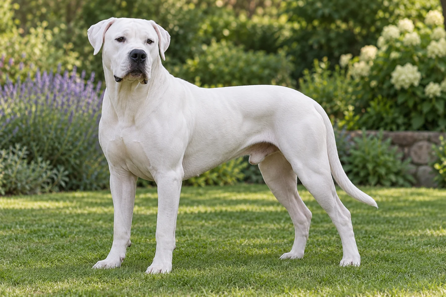 White Dogo Argentino with natural drop ears and a long intact tail adult standing in a garden