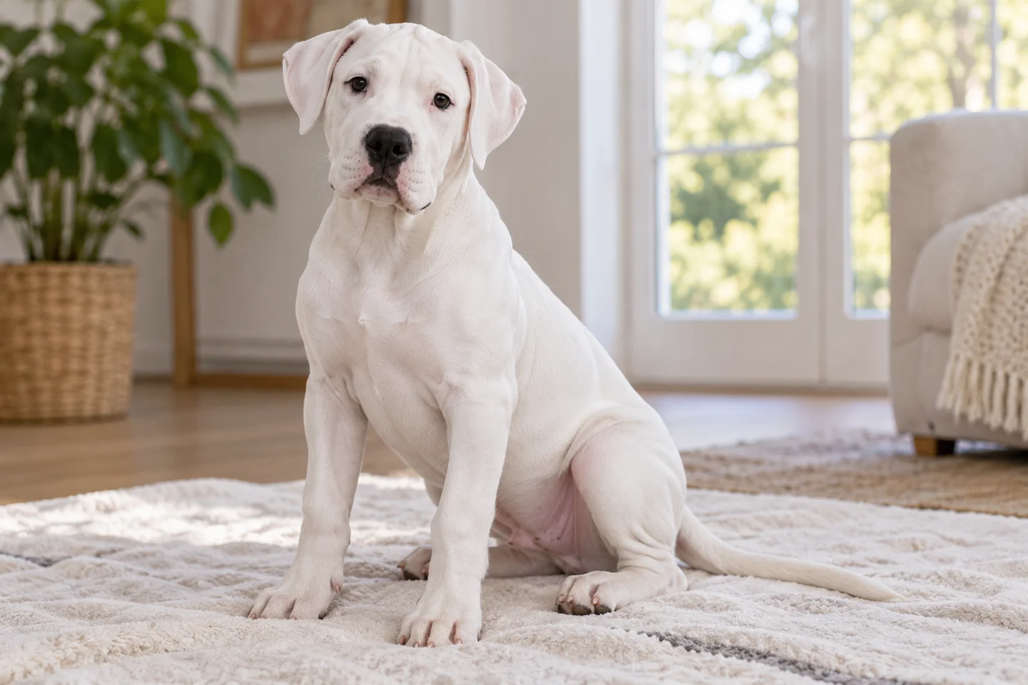 White Dogo Argentino with natural drop ears and a long intact tail young dog in a quiet indoor setting