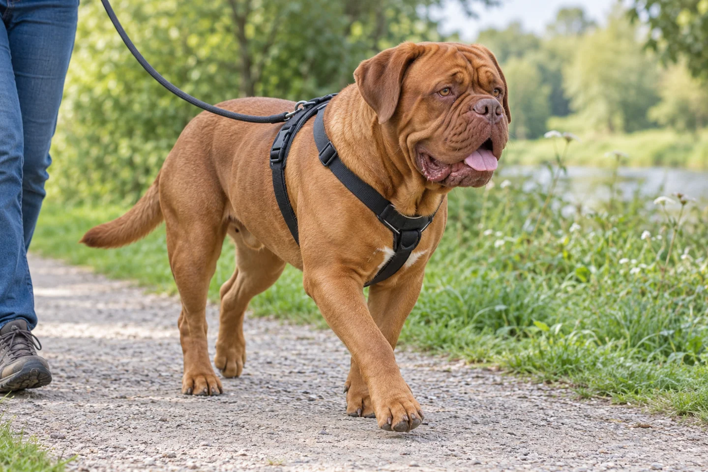 Fawn Dogue de Bordeaux with brown mask, natural drop ears and long intact tail adult walking in a fitted harness on a loose lead
