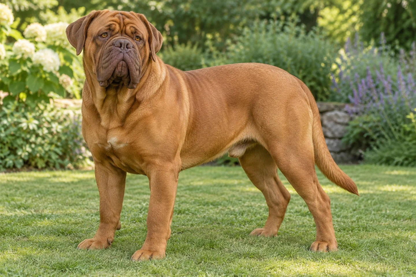Fawn Dogue de Bordeaux with brown mask, natural drop ears and long intact tail adult standing in a garden