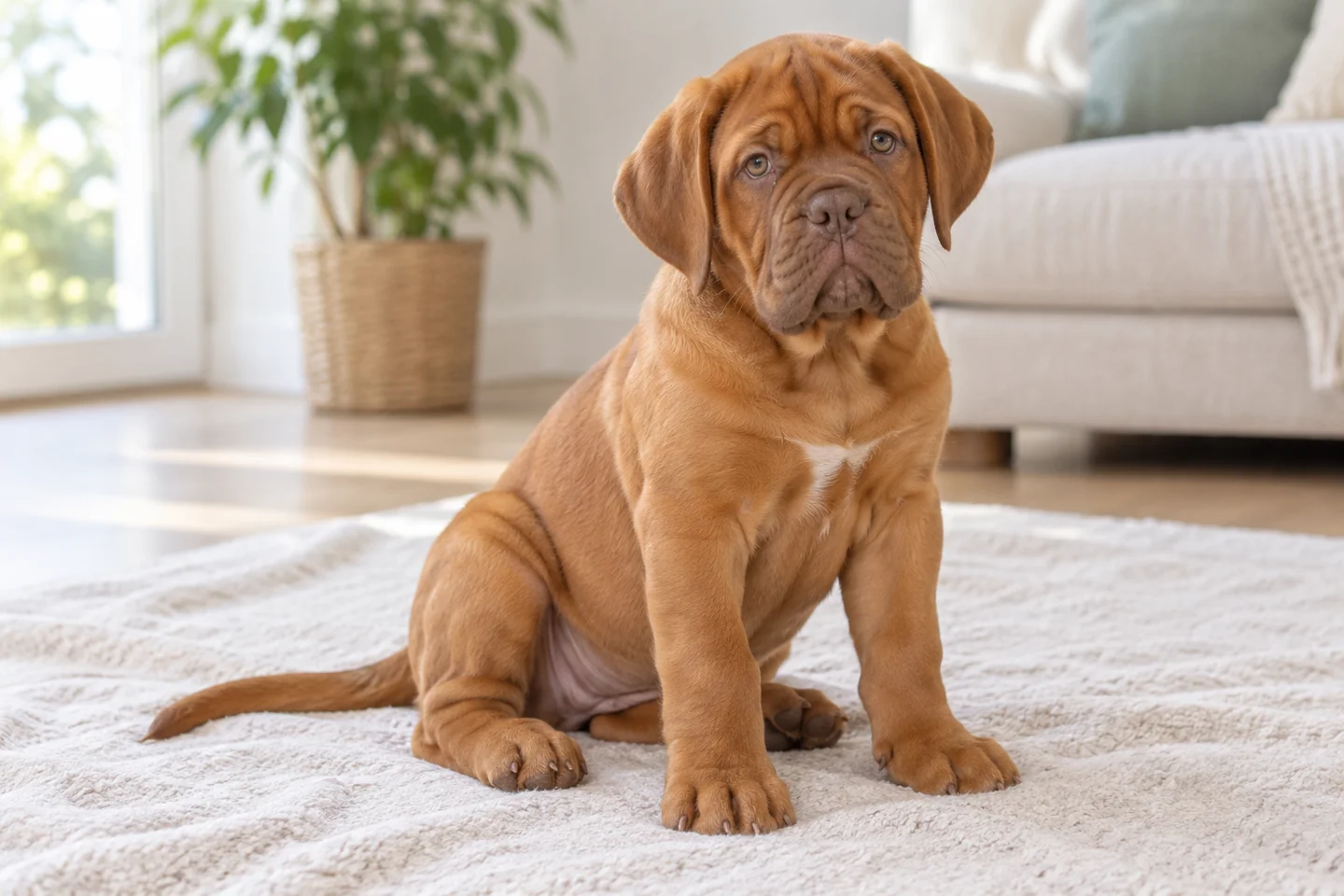 Fawn Dogue de Bordeaux with brown mask, natural drop ears and long intact tail young dog in a quiet indoor setting