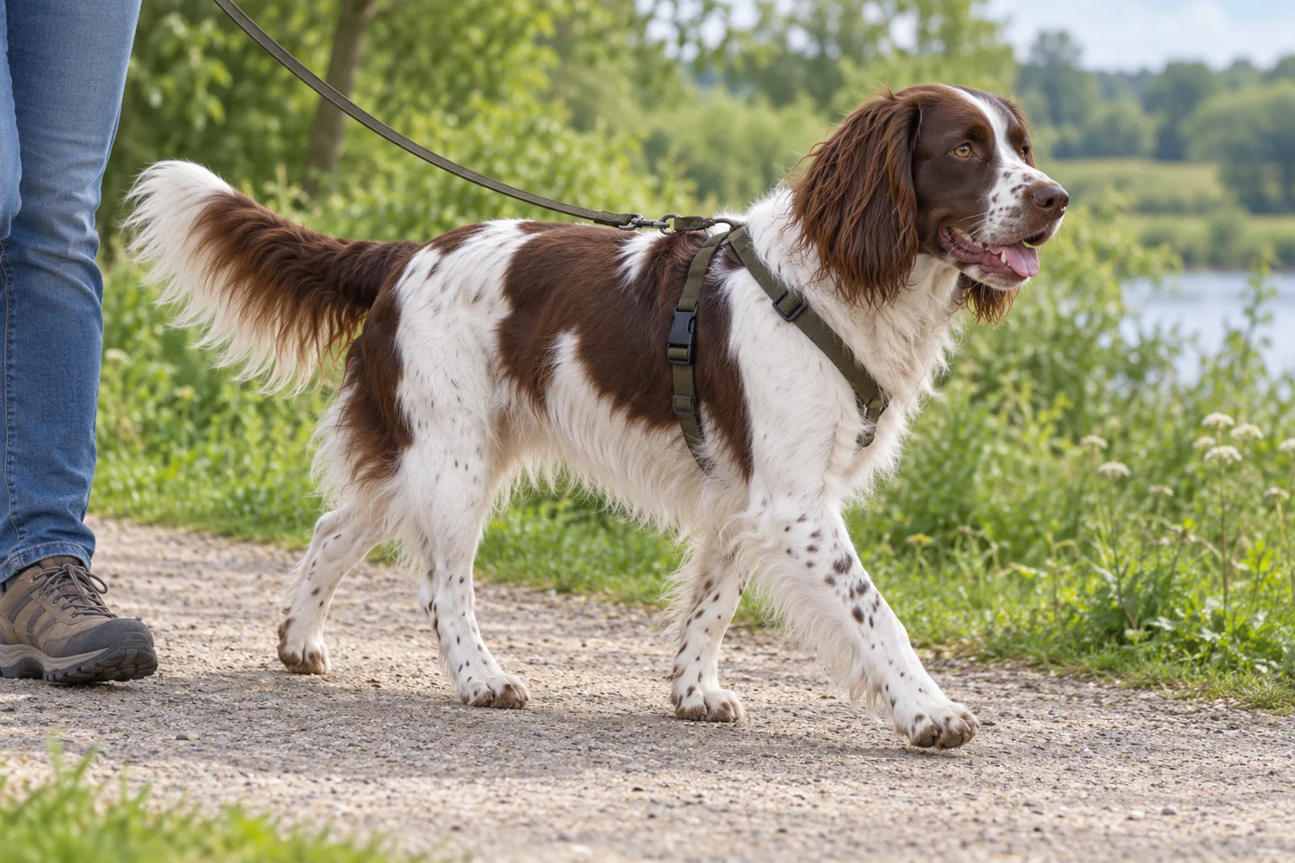 Brown-and-white Drentsche Patrijshond with feathered natural tail and hanging ears adult walking in a fitted harness on a loose lead