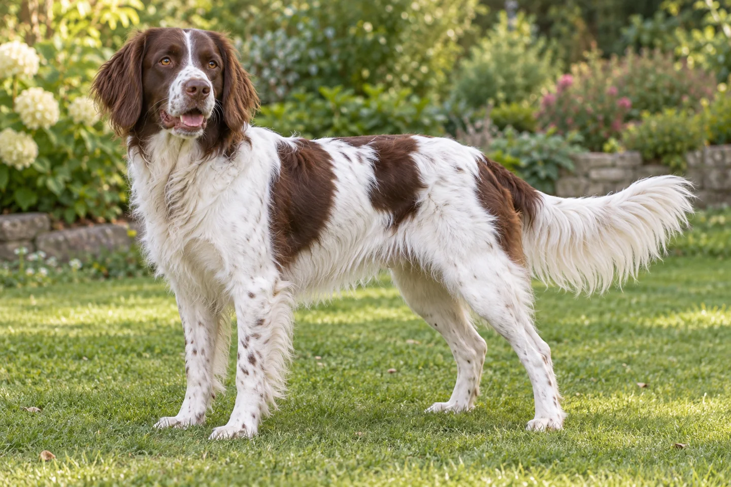 Brown-and-white Drentsche Patrijshond with feathered natural tail and hanging ears adult standing in a garden