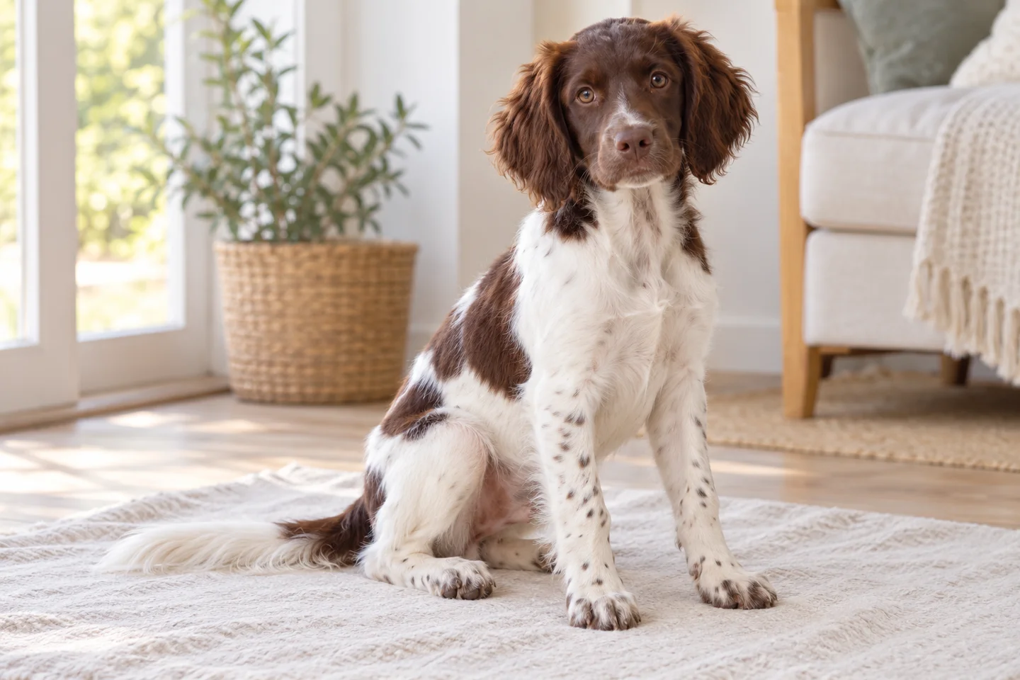 Brown-and-white Drentsche Patrijshond with feathered natural tail and hanging ears young dog in a quiet indoor setting