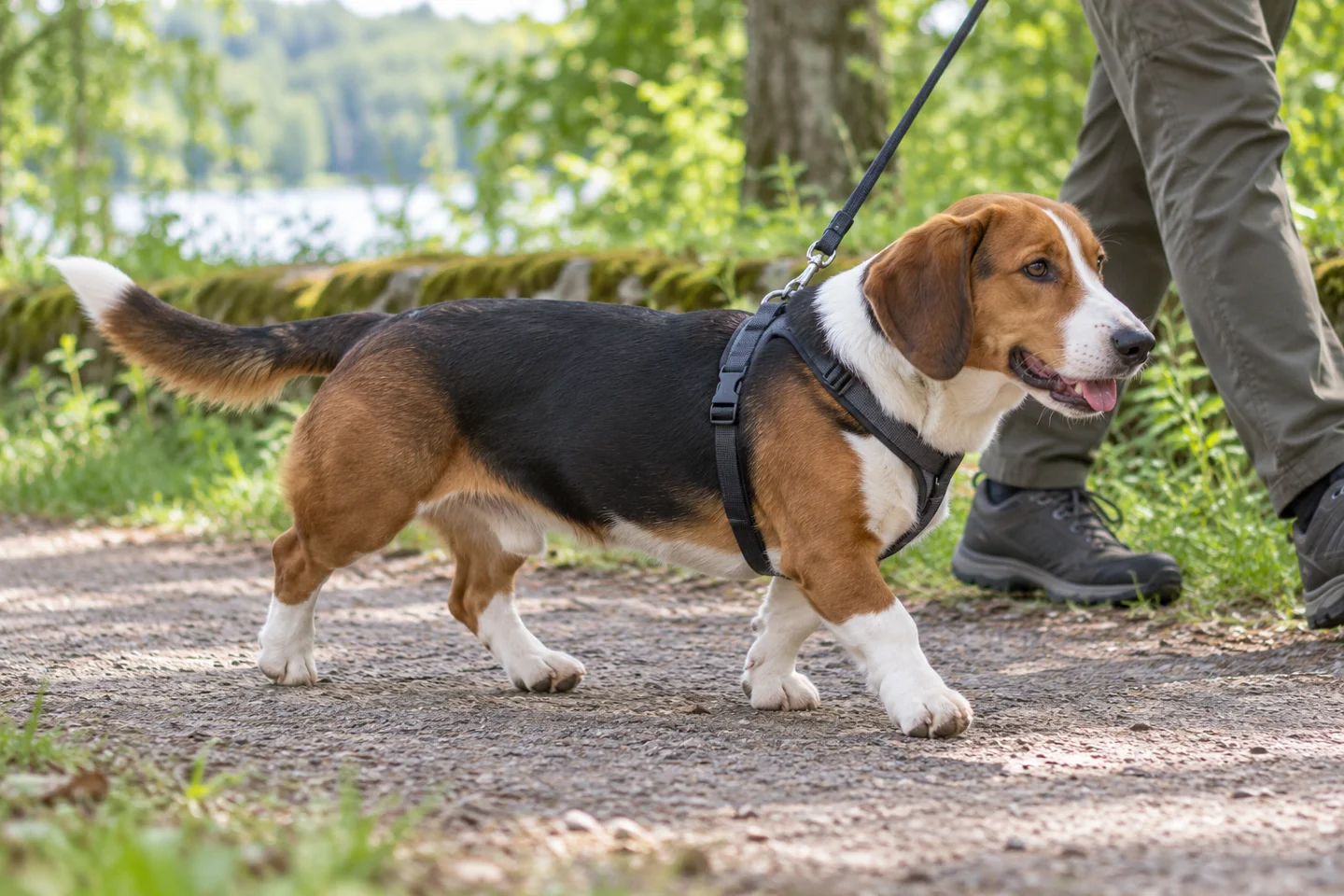 Tricolor Drever with short strong legs, white markings, hanging ears and long natural tail adult walking in a fitted harness on a loose lead