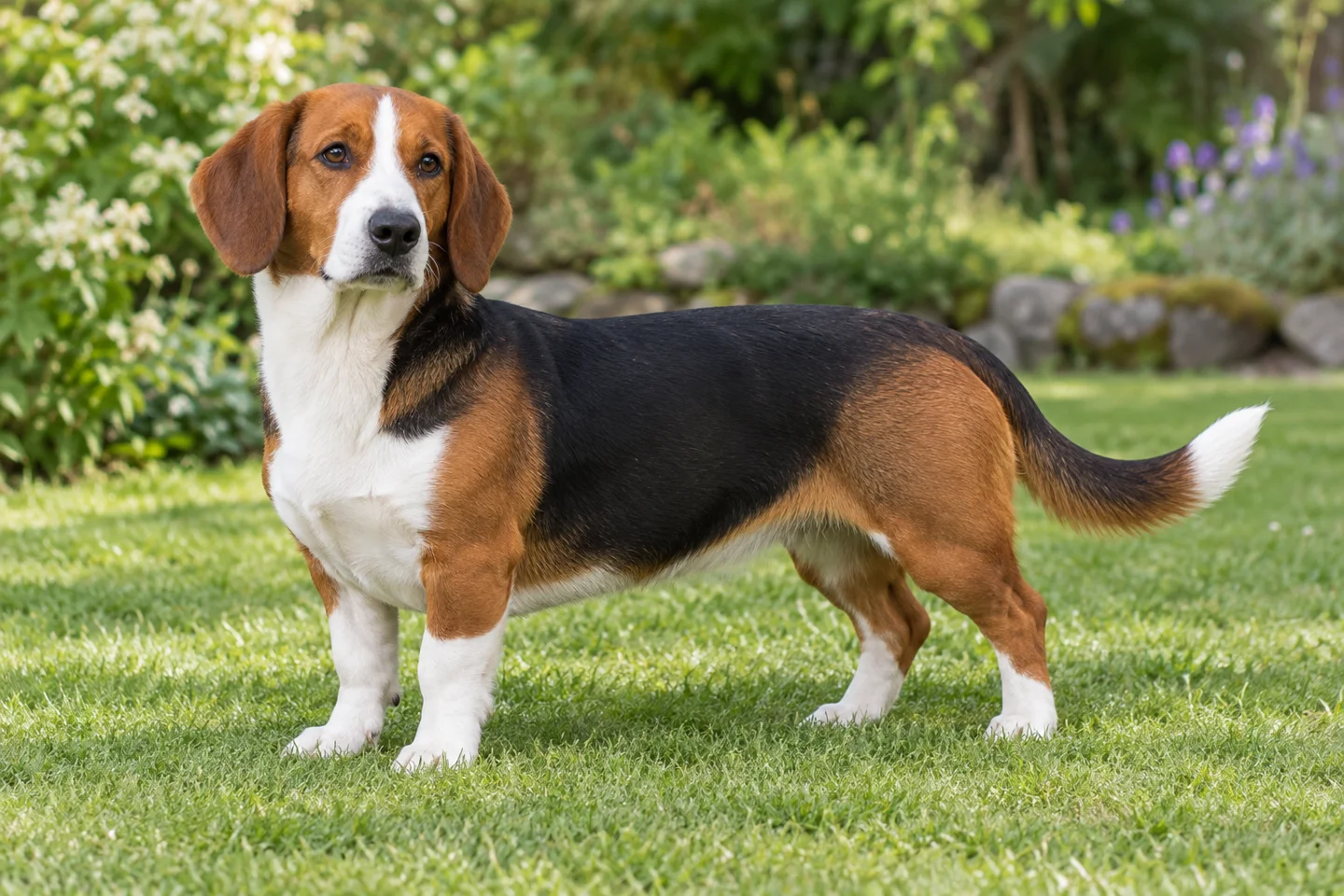 Tricolor Drever with short strong legs, white markings, hanging ears and long natural tail adult standing in a garden