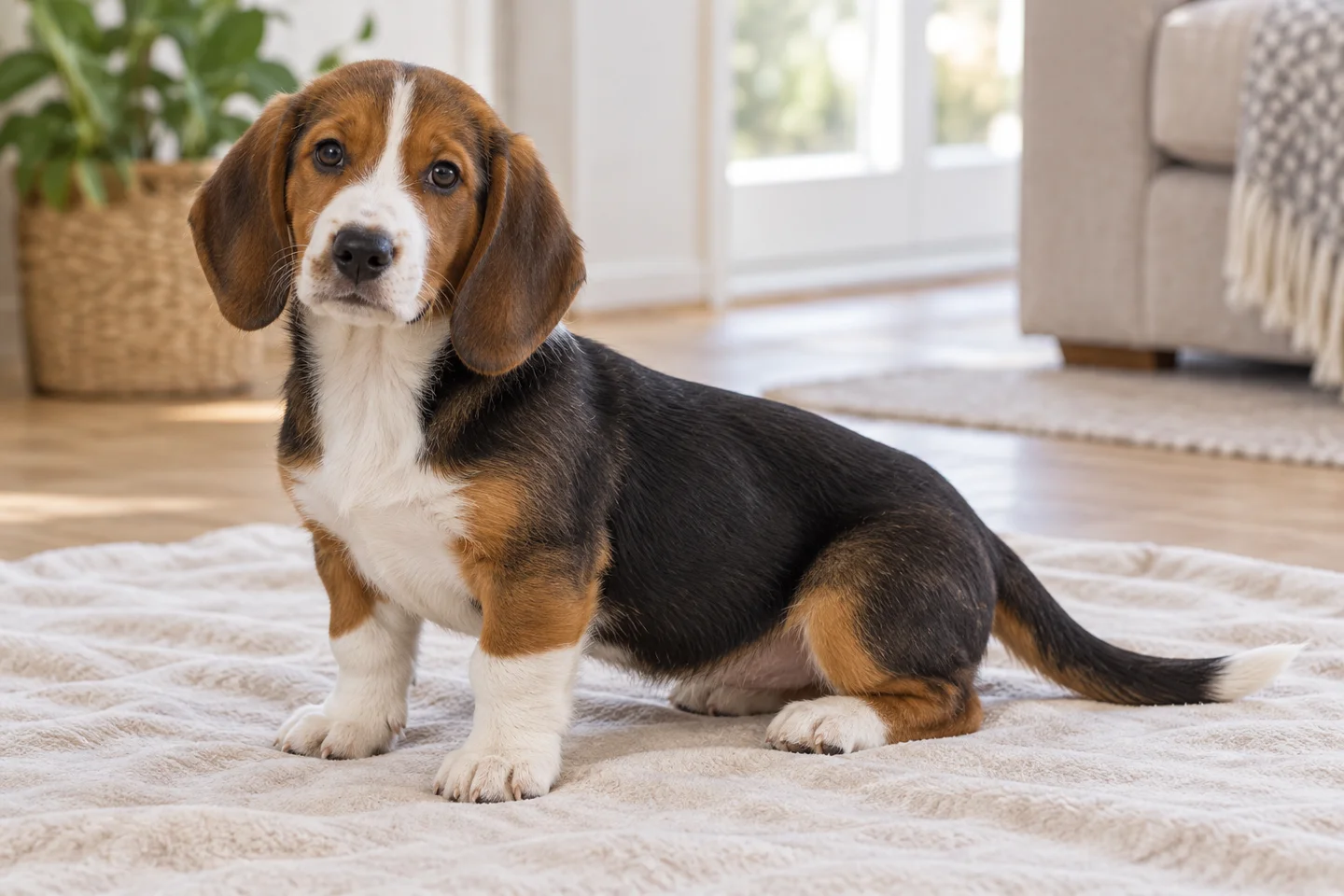 Tricolor Drever with short strong legs, white markings, hanging ears and long natural tail young dog in a quiet indoor setting