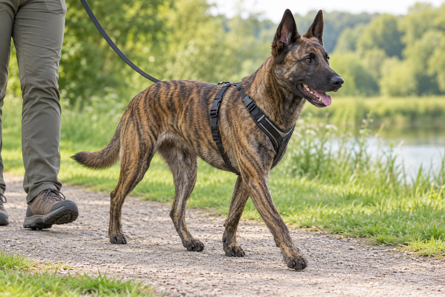 Short-haired golden-brindle Dutch Shepherd with dark mask, erect natural ears and long tail adult walking in a fitted harness on a loose lead