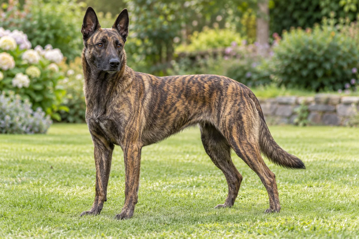 Short-haired golden-brindle Dutch Shepherd with dark mask, erect natural ears and long tail adult standing in a garden